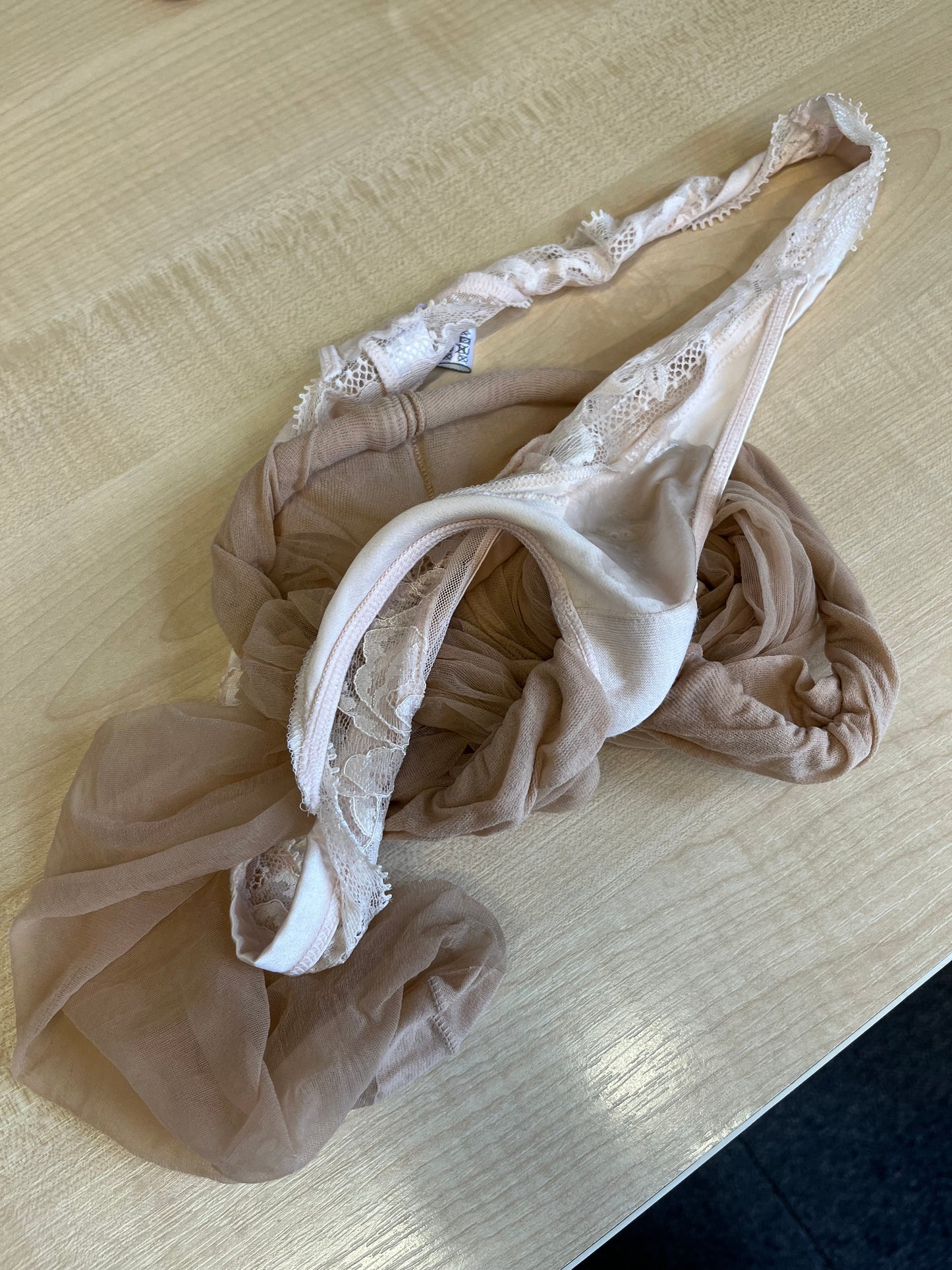 Nude satin lace thong